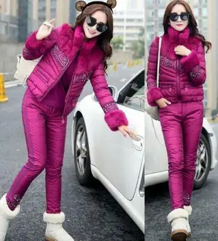 

3pcs Womens Rivets Mixed Real Rabbit Fur Collar Down Padded Vest Trousers Suits Warm Winter Slim Fit 3Colors
