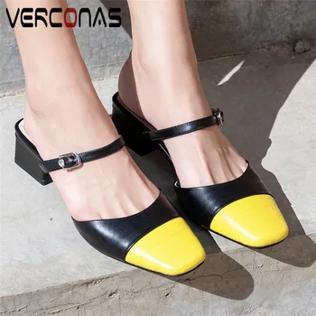 

VERCONAS Women Rhinestones Concise Thick Heel Mules Slippers Wild Sandals Square Toe Genuine Leather Thick Heels Shoes Woman
