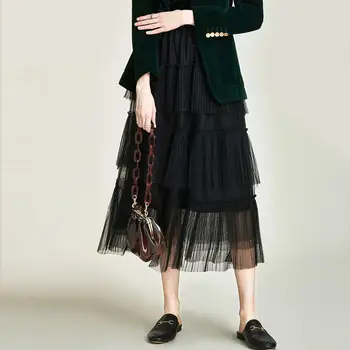 

HAVVA autumn winter Accordion pleated mesh midi skirt 100% polyester solid color tiered skirt Q4537