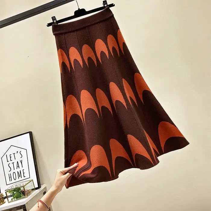 coffee color skirts Woherb, винтажные трапециевидные юбки для женщин, с рисунком Луны, высокая талия, вязаная юбка для женщин, корейская мода, Осень-зима, новинка, Jupe Femme 91259 - Цвет: coffee color skirts