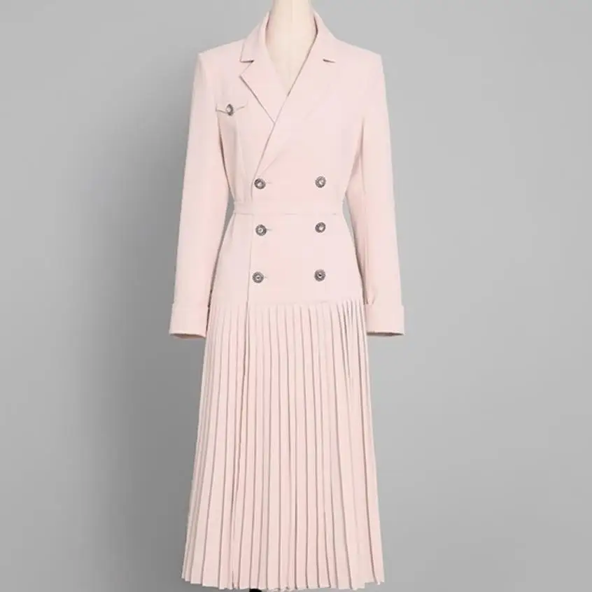 

Autumn Women's 2020 Runway Style Vintage Slim Fashion Coat Waist Pleated Thin Turn-down Collar Double-breasted Long Windbreaker