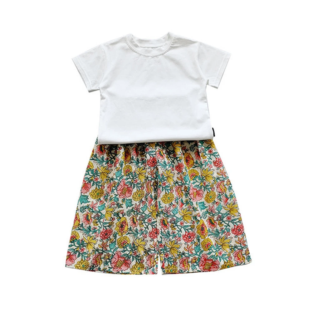 Children's Clothing Set Summer New Korean Girls Small Floral Wide-leg Pants Trousers Plus White T-shirt Girl Dress | Детская одежда