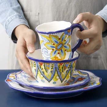

Chinese Ceramic Tableware Hand Drawn Creative Flower Pattern Retro Salad Bowl Cup Home Living Room Decoration Plate