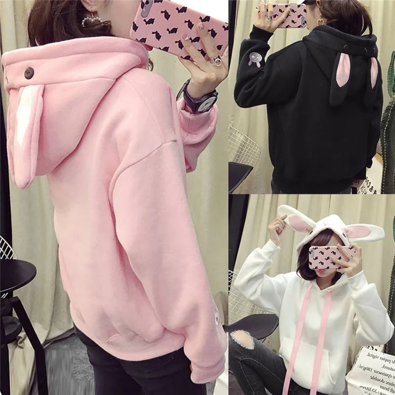 Jaycosin Kawaii толстовки женские кроличьи уши Толстовка уличная осень зима теплый флис Свободный пуловер с капюшоном топы