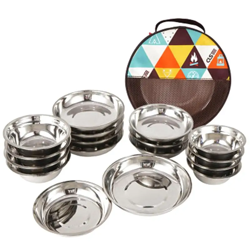 

1 Set of 17Pcs Camping Mess Kit Outdoor Tableware Plate Bowl with Storage Bag