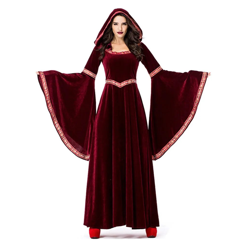 Средневековый вампир волшебник Ренессанс Принцесса Королева Костюм Хэллоуин ретро суд Викторианский волшебник ведьма Винтаж с капюшоном платье