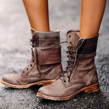 

Winter Boots Women Retro Shoes Genuine Leather Boots Pure Color Women Mid-calf Boot With Lace-Up motorcycle Botas Mujer DropShip