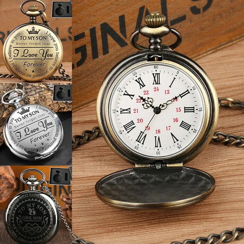 

Quartz Pocket Watch Numeral To My Son Love Roman Round Display Vintage with Gift Box @M23