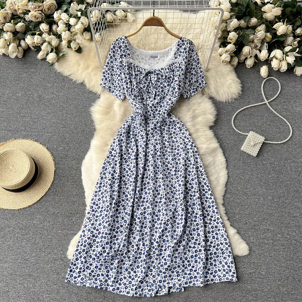 Korean Sweet Floral Square Collar Dress 