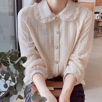 Deeptown-Blusa de gasa de algodón para mujer, camisa con cuello de muñeca de encaje, estilo occidental, Tops con botones, moda coreana 1