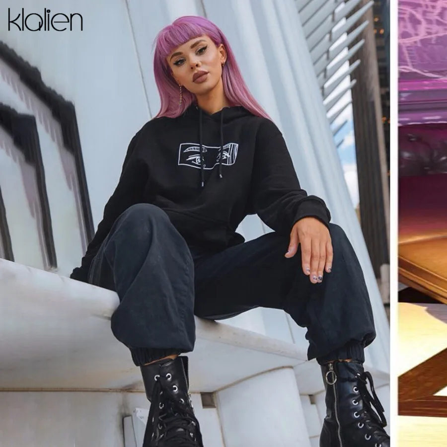 KLALIEN, женские хлопковые толстовки с крутым принтом, осенняя мода, горячая Распродажа, Теплые повседневные женские свободные длинные толстовки с капюшоном, пуловер