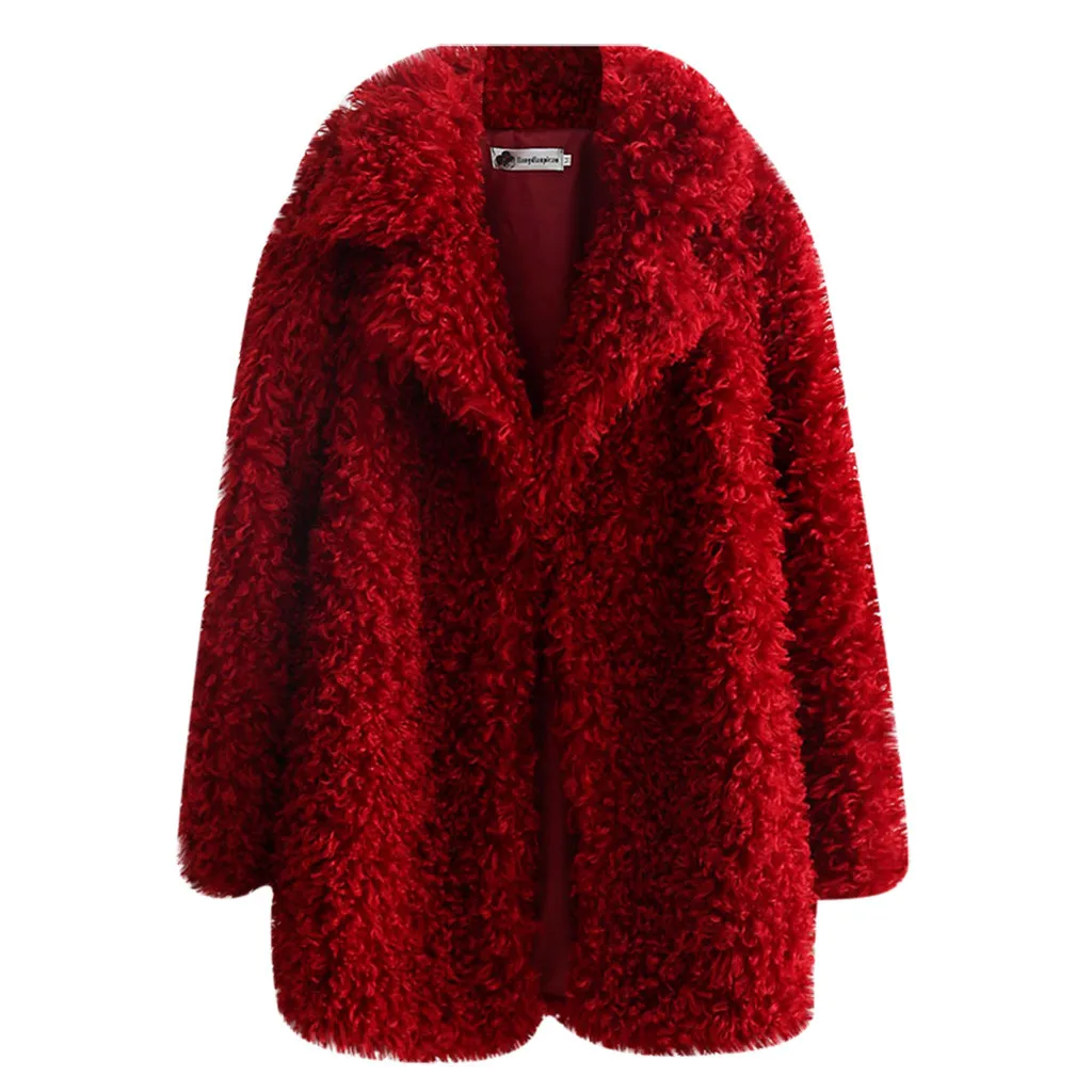 Пальто из искусственного меха, женская теплая верхняя одежда, плюшевая свободная Меховая куртка с отложным воротником, зимнее пальто, Свободный кардиган, Тренч, однотонная женская куртка - Цвет: Red