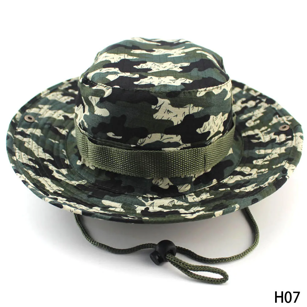 Камуфляжные Панамы с широкими полями, солнцезащитная Кепка Ripstop Camo, для рыбалки, охоты, пеших прогулок, для мужчин, сафари, летние джунгли, с веревочной шляпой - Цвет: H07