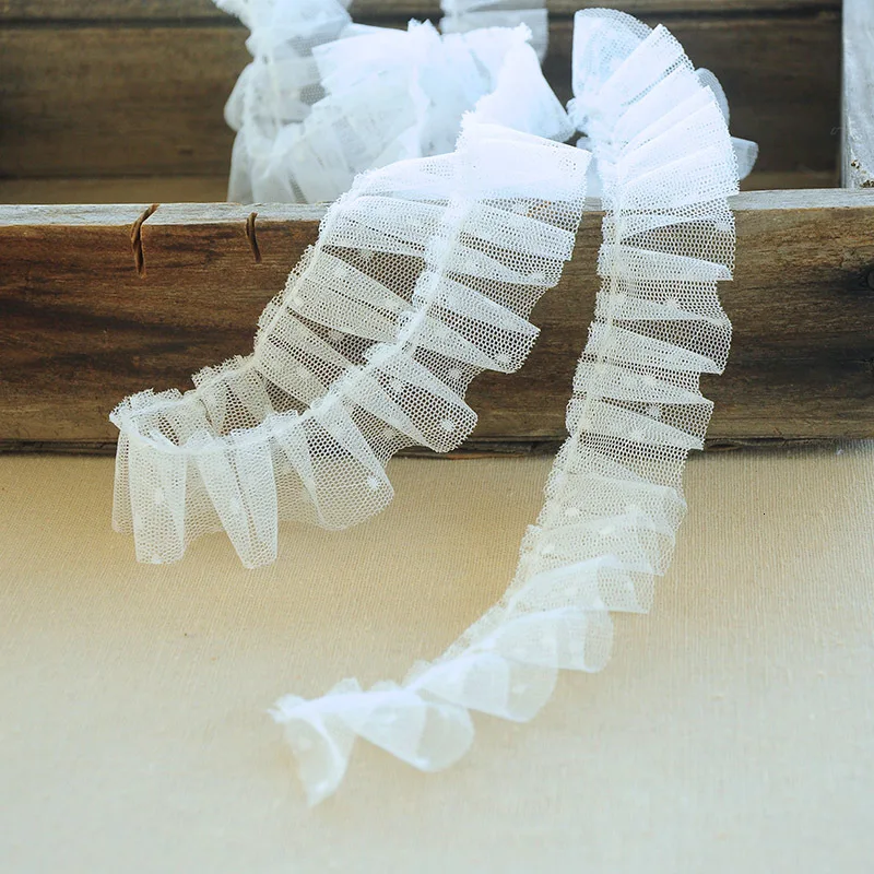 White 3 см Широкий роскошный Тюль 3d плиссированная кружевная ткань в горошек воротник декольте оборки отделка вышивка лента платье Гипюр DIY отделка - Цвет: White