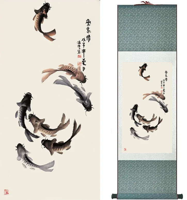 

Китайская традиционная шелковая картина с рыбой, традиционное искусство, китайская живопись, игра рыбы, художественная живопись