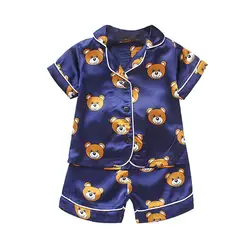 Детская одежда пижамы для маленьких мальчиков и девочек принт мультяшного медведя, комплект одежды, блузка с короткими рукавами топы +