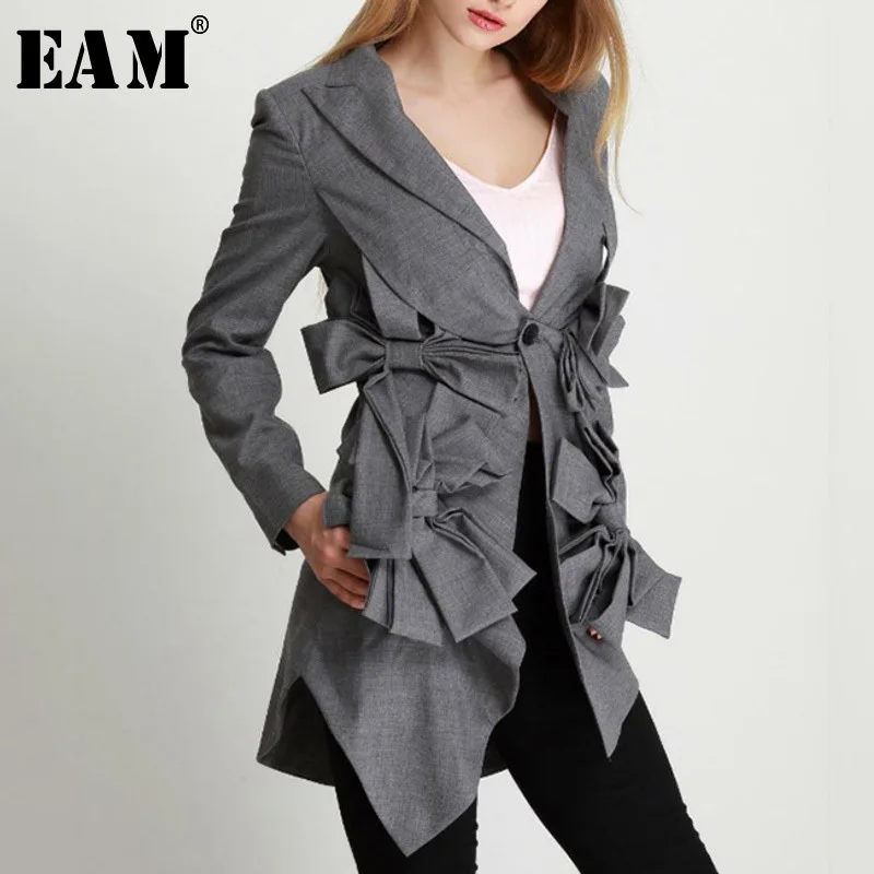 

[EAM] Loose Fit Bow Asymmetrical Suit Jacket New Lapel Long Sleeve Women Coat Fashion Tide All-match Autumn Winter 2019 1A341