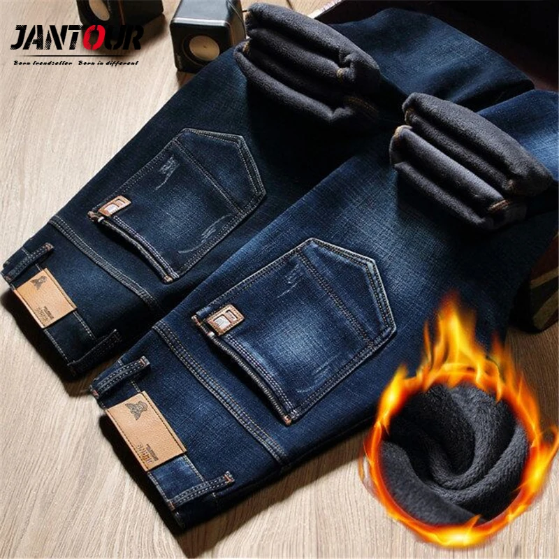 Jantour Мужские Зимние флисовые толстые теплые джинсы новая мода мужские прямые