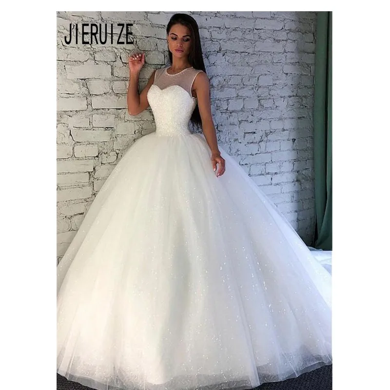 Jieruize Vestidos Blancos Brillantes De Boda De Princesa Vestido De Novia Personalizado Con Lentejuelas Largas Encaje Y Cuello De Joya Vestidos De Novia Aliexpress