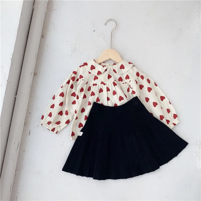 2PCS WLG girls clothing set kids girl heart printed shirt and red black skirt set baby girl cute all match clothes