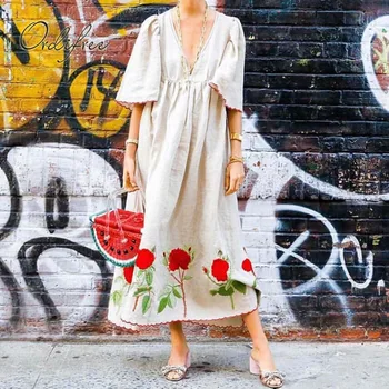 

Ordifree 2019 Summer Boho Women Maxi Dress Short Sleeve Casual Loose Vintage Floral Embroidery Long Dress Holiday Clothes