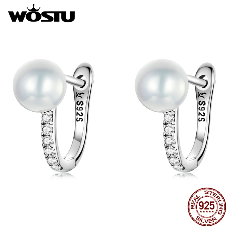 

WOSTU 925 Sterling Silver Simple Shell Pearl Shining Zircon Stud Earrings For Women Fashion Party Jewelry CQE1288