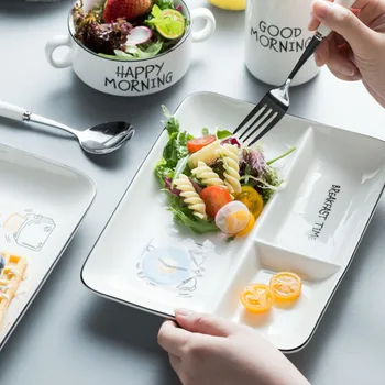 

Rectangular Ceramic Grid Plate Fruit Dessert Baby Children Grid Plate Nordic Style Fashion Simple Snack Plate