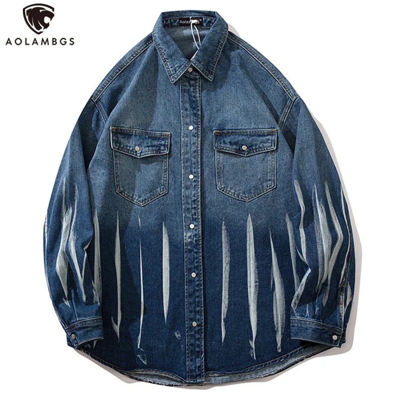 

Aolamegs Hip Hop Denim Jackets Coat Men Gradient Striped Print Big Pocket Harajuku Baggy High Street Thin Jacket Streetwear men