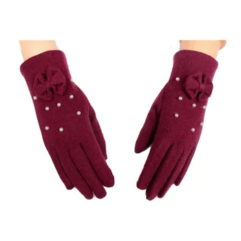 

Female Winter Cashmere Mittens Women Touch Screen Finger Gloves Elegant Pearl Bow Wool Plus Velvet Thick Warm Driving Gloves H19