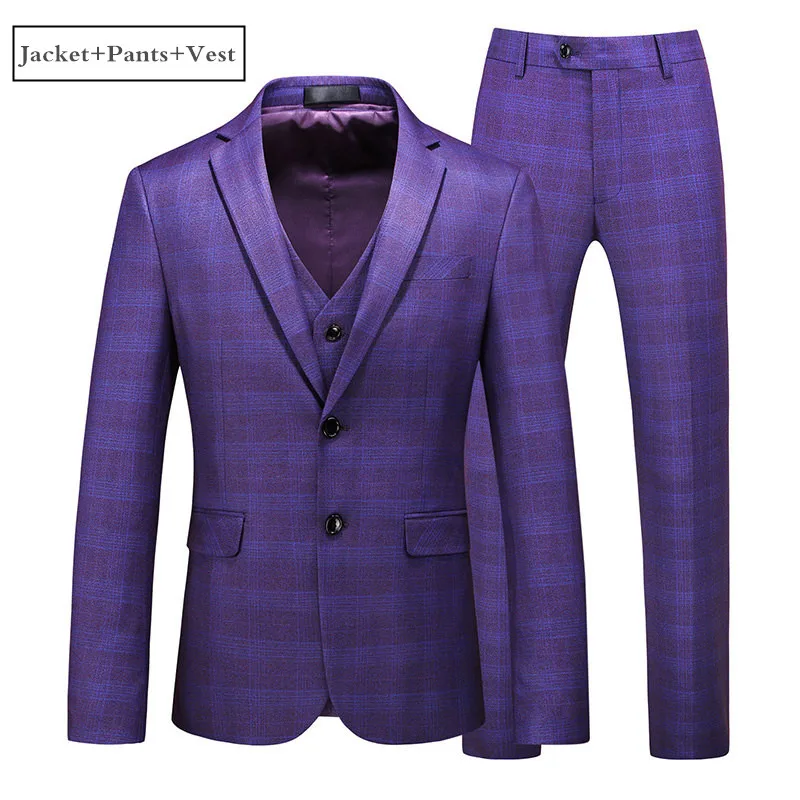 3 Piece Purple Plyesxale, синие, хаки, фиолетовые Мужские костюмы, новинка, высокое качество, мужские свадебные костюмы, облегающие, в клетку, формальные, нежные, мужские костюмы Q942 - Цвет: 3 Piece Purple