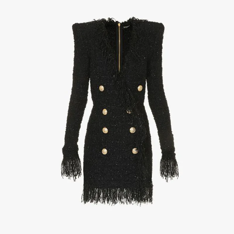 Осенне-зимнее дизайнерское сексуальное двубортное платье с v-образным вырезом, твидовое тонкое прямое облегающее платье с кисточками, высокое качество, vestidos - Цвет: black
