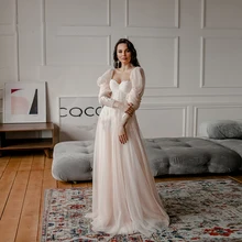 

A-Line Lace Appliques Wedding Dresses Backless Long Sleeve Organza Boho Bridal Gown vestido de noiva