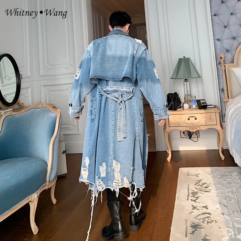 WHITNEY WANG осенний модный уличный стиль, рваный длинный джинсовый Тренч, Мужская джинсовая куртка, ветровка