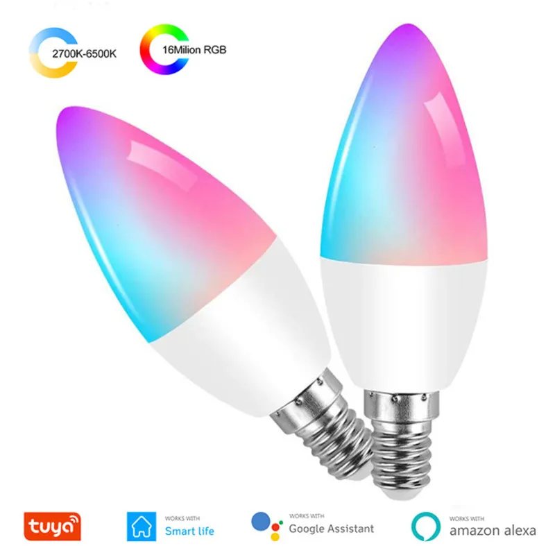 Умная лампа Tuya E14 RGB + W C светодиодсветильник лампа-свеча с дистанционным