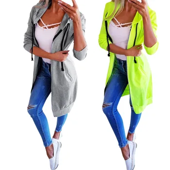

Autumn Winter Hooded Sweatshirt Coat Women 2020 New Casual Long Sleeve Zipper Green Gray Jacket Female Pockets Slim Long Outwear