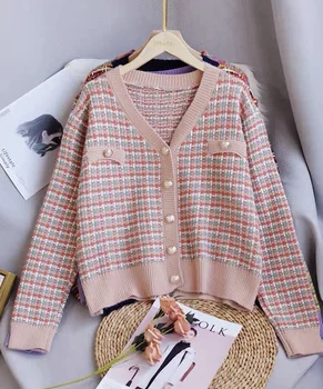 

Ladies women's spring autumn elegant shiny yarn knitted sweater cardigan