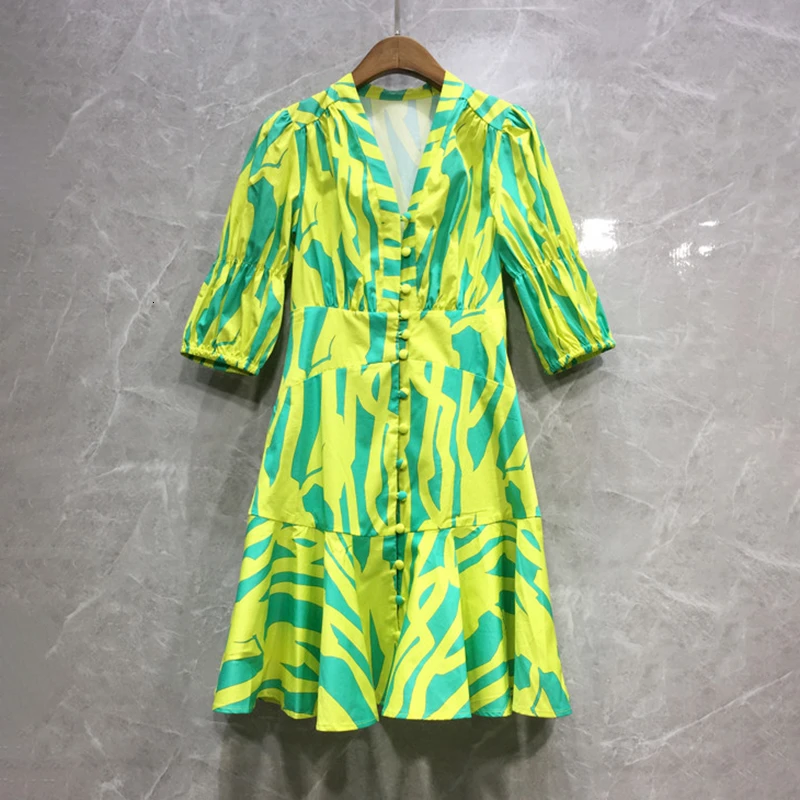 Женское летнее платье с цветочным принтом на пуговицах, мини платье-туника с высокой талией - Цвет: green