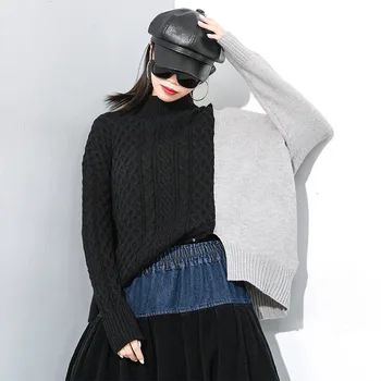 

girl 2020 Winter New Stitching Contrast Color Pullover Sweater Personality Large Size Irregular Bat Shirt Female PC059