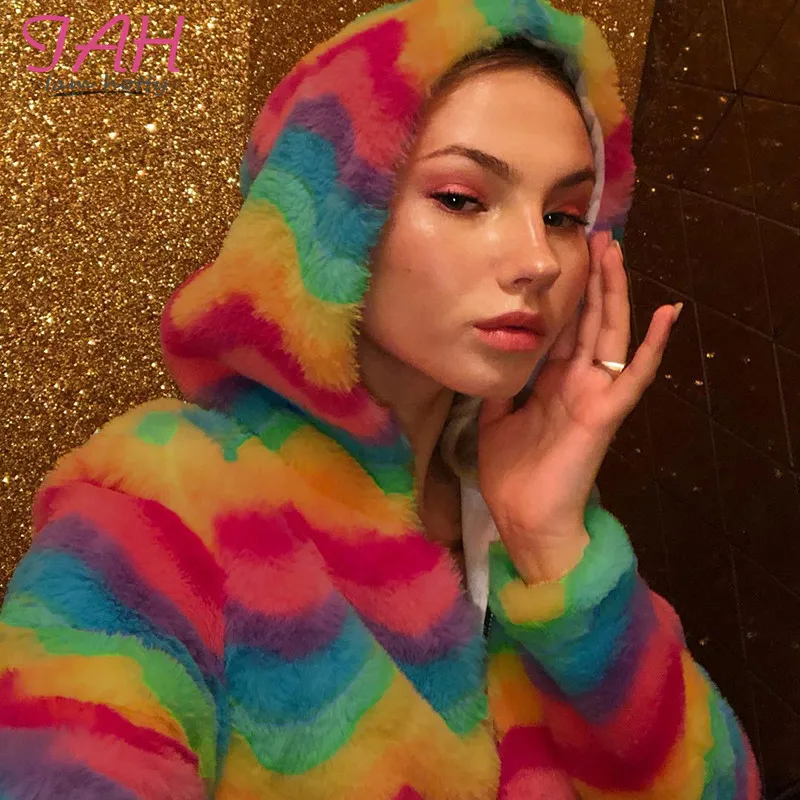 IAMHOTTY/радужные цвета, толстовка из искусственного меха, плюшевая куртка на молнии с длинным рукавом, женские куртки и пальто, зимняя теплая мягкая модная одежда