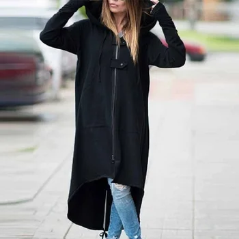 

Women Autumn and winter Casual Long hoodie asymmetric long-sleeved zipper button long sweatershirt coat