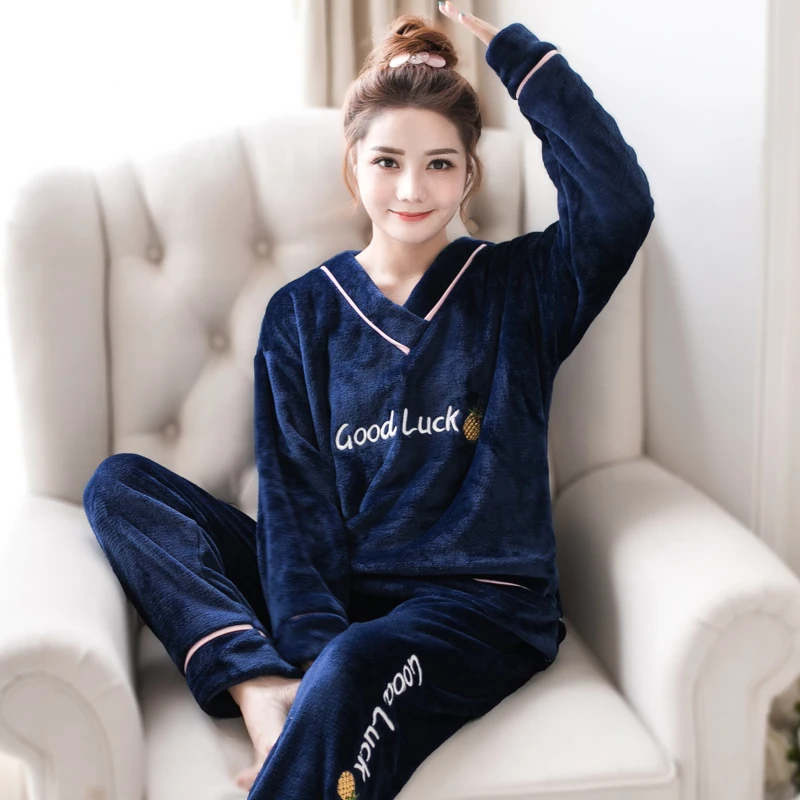 korean Flannel Warm Pajamas for Women Long Sleeve Home Suit Ladies sleepwear Velvet Pajama set Thick Feminino Pants Pyjamas