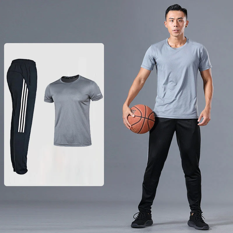 gray set BINTUOSHI, дышащие спортивные штаны, Мужские штаны для бега с карманами на молнии, высокая эластичность, тренировочные штаны для фитнеса, штаны для мужчин - Цвет: gray set