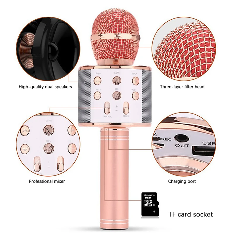 1set Wireless KTV Microphone Bluetooth Handheld Speaker Player Singing Mic LED Lights Sound Reverberation