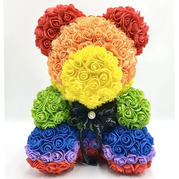 

Dropshipping Rainbow Color Teddy Bear Rose Flower 40cm Artificial Soap Foam Bear of Roses Gifts for Women Valentines Gift