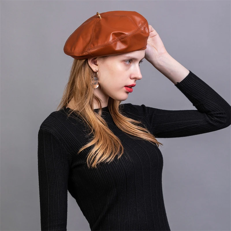 Pudi Women Real Leather Beret Cap Hat 