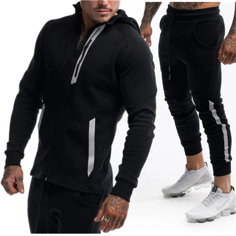 Black Спортивный костюм для тренажерного зала, набор для бега, мужская спортивная одежда, s Топ для фитнеса, бодибилдинга, мужской спортивный костюм с капюшоном+ штаны, спортивный костюм для бега для мужчин - Цвет: Black