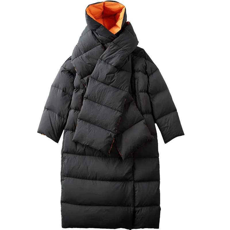 Elifashion, новинка, зимние, модные, женские, зимние, свободные, контрастные цвета, пуховики, белые, на утином пуху, женские пальто с шарфом