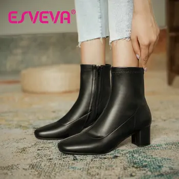 

ESVEVA 2021 Quality PU Round Toe Short Plush Women Boots Autumn Winter Square High Heel Boots Zipper Women Shoes Size 34-39