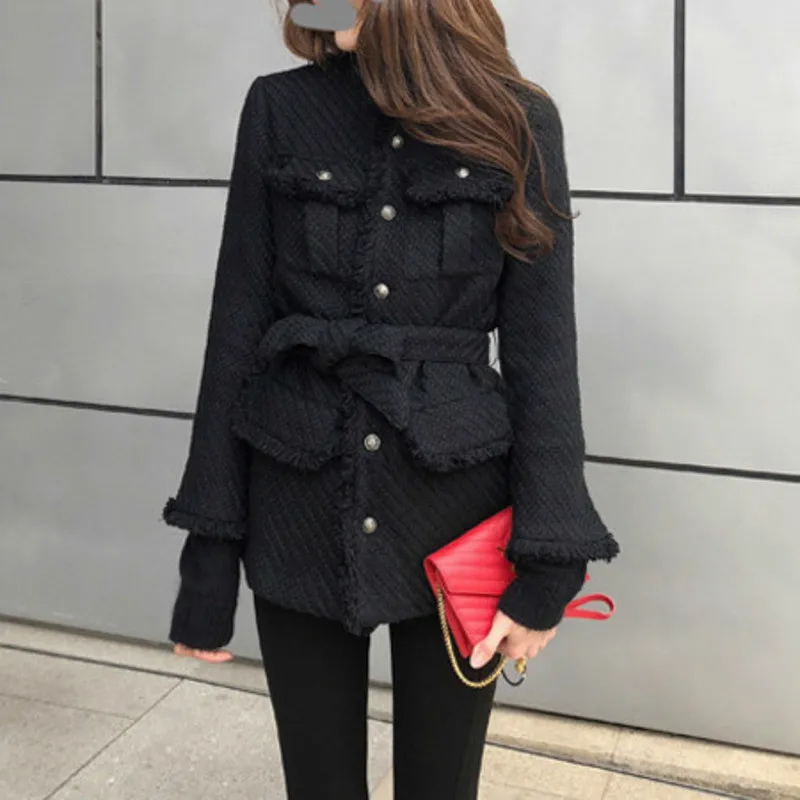 

[EWQ] Solid Color Lapel Single-breasted Belt With Thick Edges Woolen Woman Coat Simple Fashion 2019 Autumn Winter New TV222