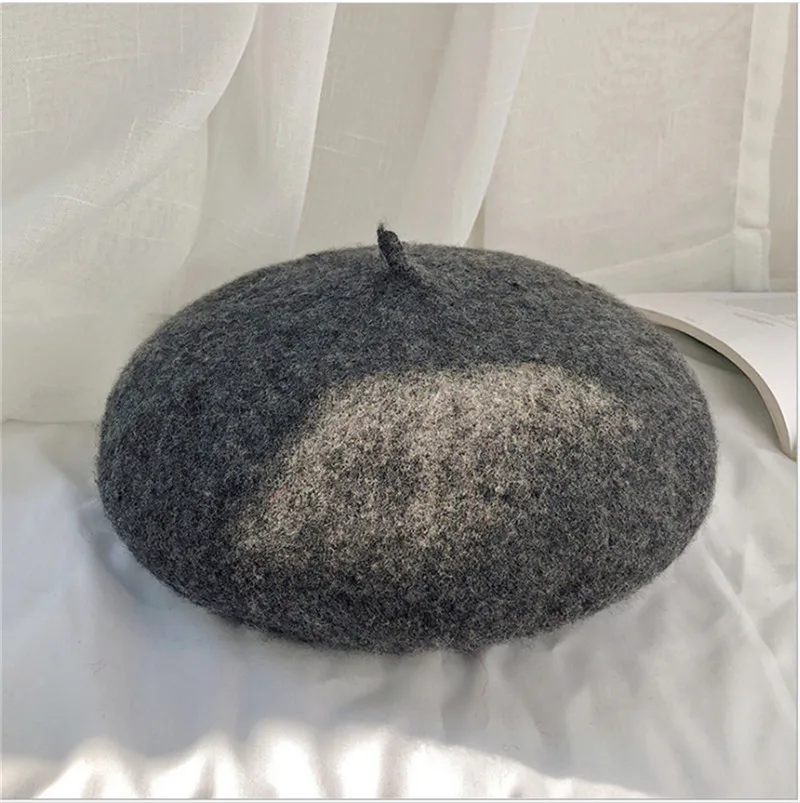 Темно-серый Wool Beret Hats Women Lady Sweet Cotton Wool Beanie Hat Winter Pure color Bonnet Fashion Autumn Winter Warm Painter Caps Vintage - Цвет: Темно-серый